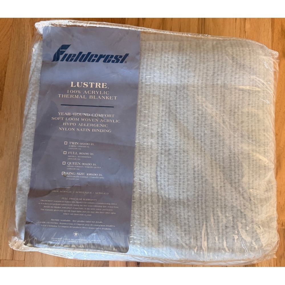 Vintage Fieldcrest Lustre King Blanket 108x90 Blue Gray 100% Acrylic Satin Trim
